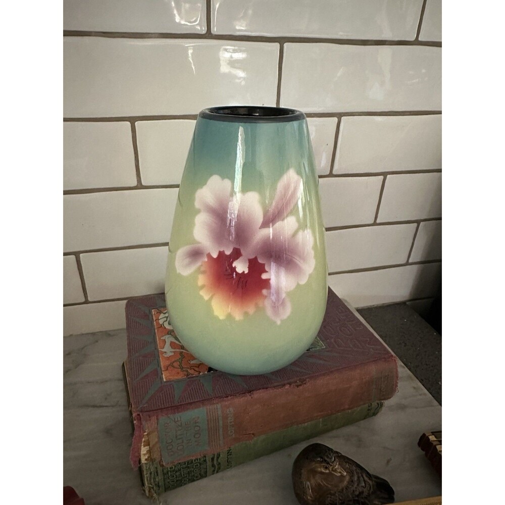Porcelain MCM Vase in Aqua Blue with Cattleya Flower Fujiclo China Shippo Vase